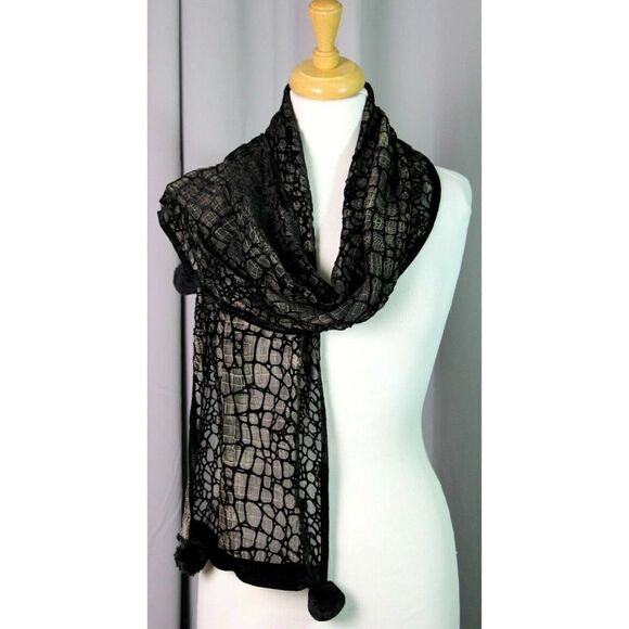 Sz 13"x61" ITALY BLACK GRAY CHIFFON VELOUR SILK BLEND BURNOUT POM POM SCARF (F66 - Picture 2 of 9
